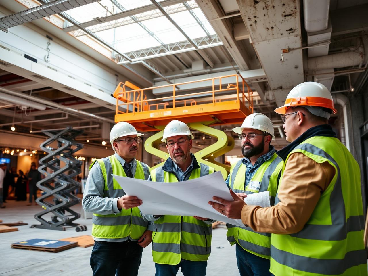 Construction crew reviewing drawings inside a store buildout