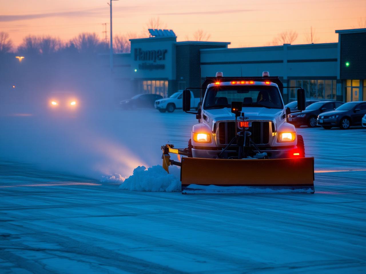 Snow removal crew clearing a commercial parking lot before opening