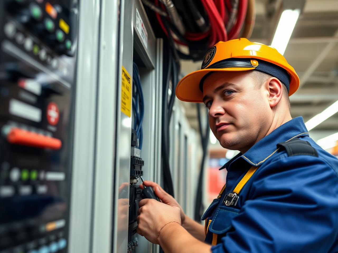 Technician servicing electrical equipment inside a retail location