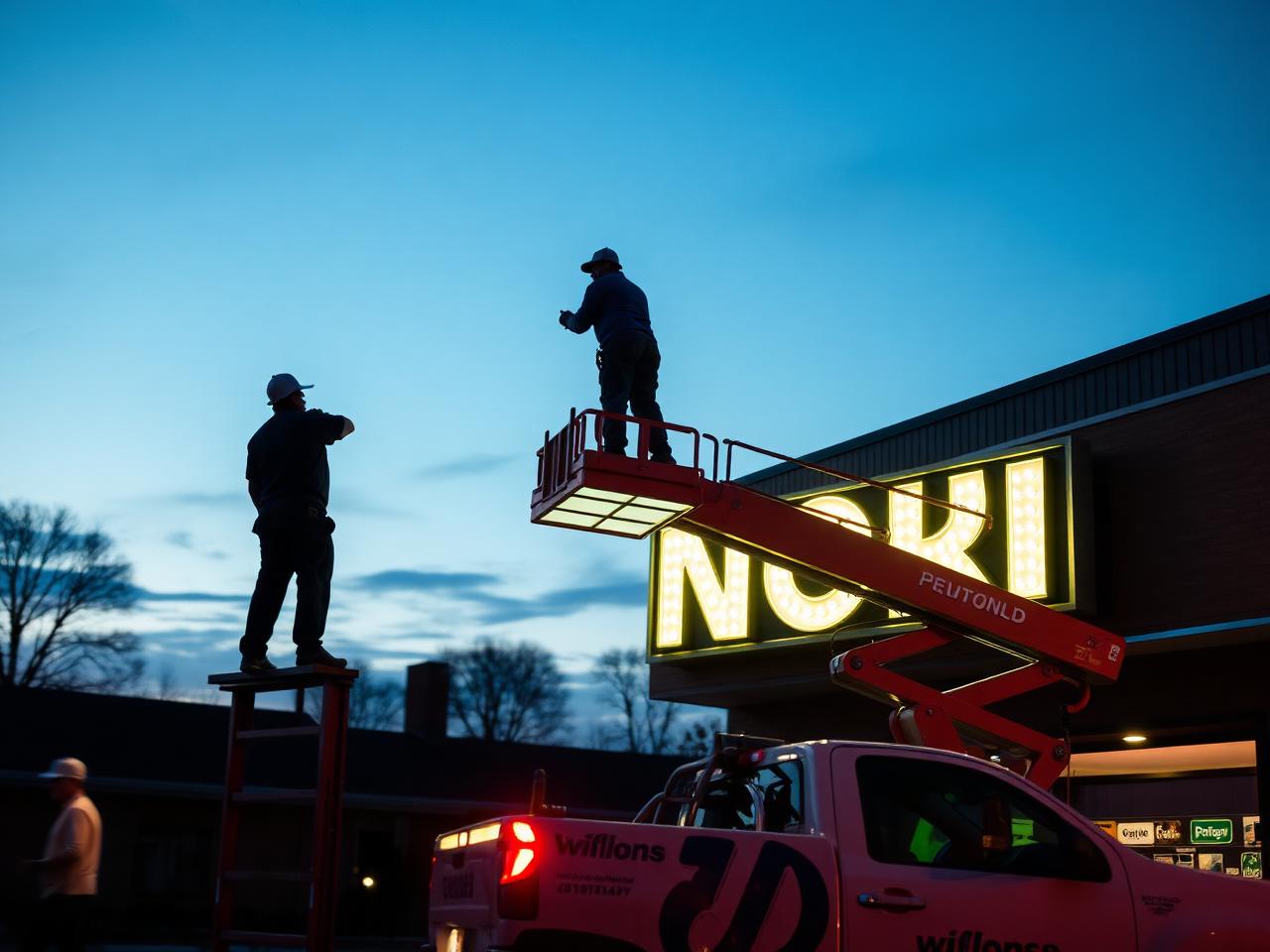 Crew installing an illuminated storefront sign at dusk